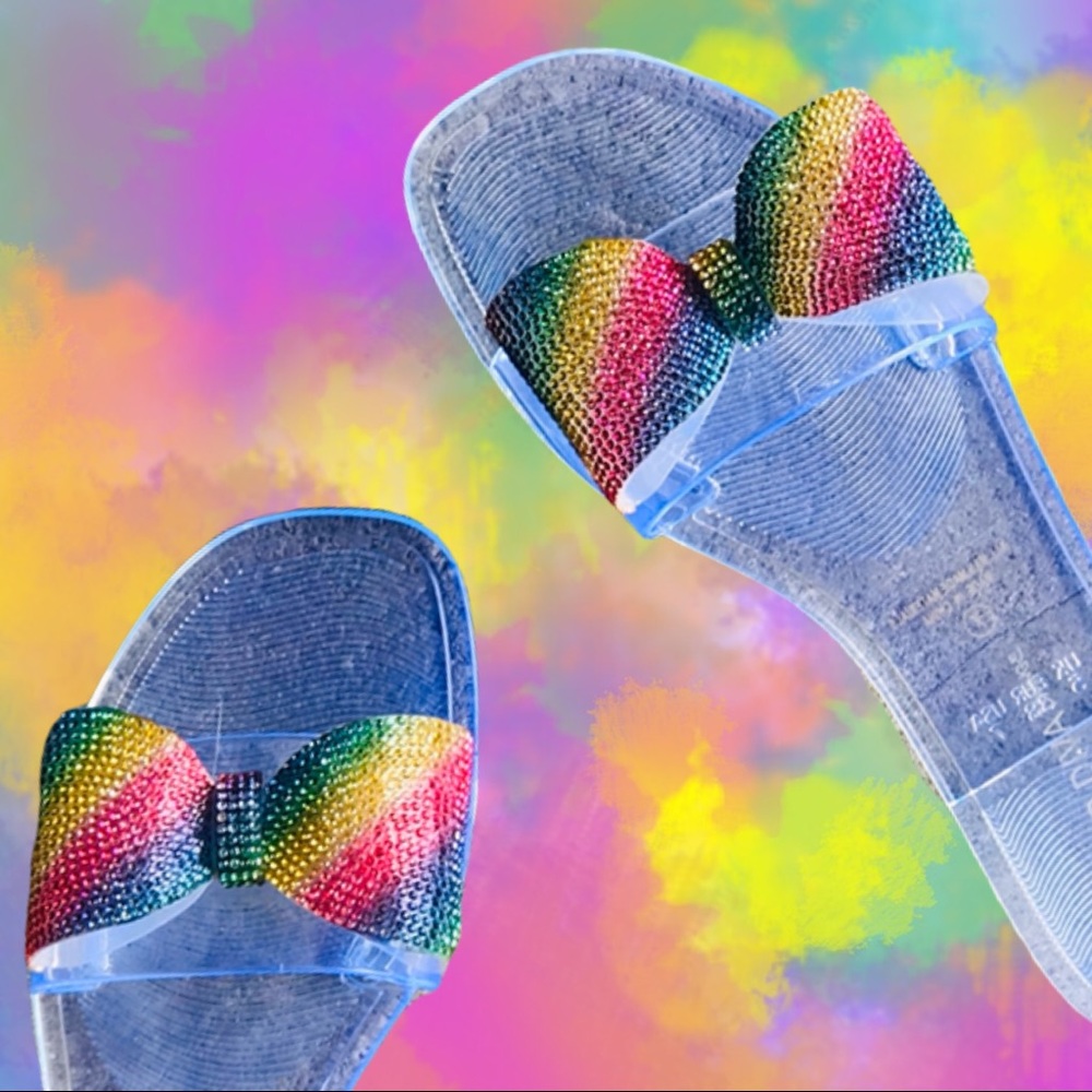 Wild Rainbow Tie Dye Jewel Bow Diva Slide Sandal